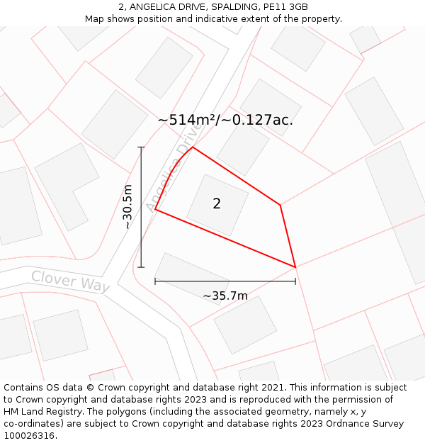 2, ANGELICA DRIVE, SPALDING, PE11 3GB: Plot and title map