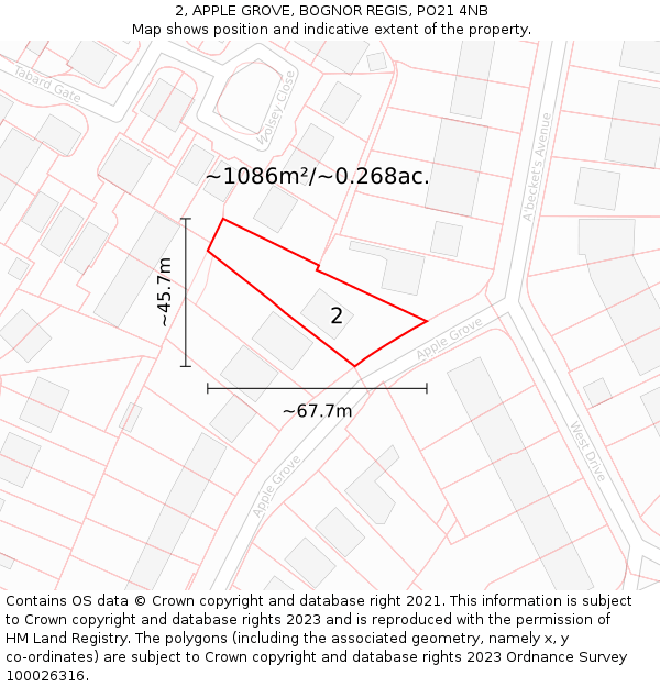 2, APPLE GROVE, BOGNOR REGIS, PO21 4NB: Plot and title map