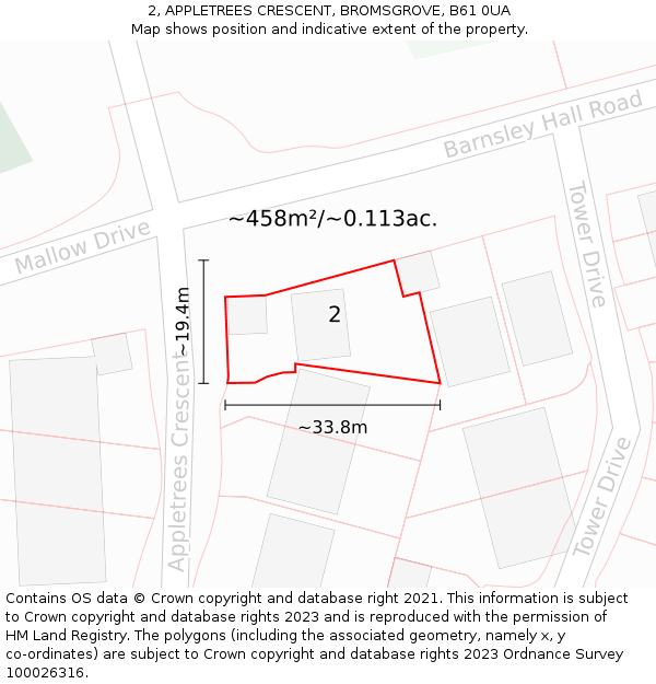 2, APPLETREES CRESCENT, BROMSGROVE, B61 0UA: Plot and title map