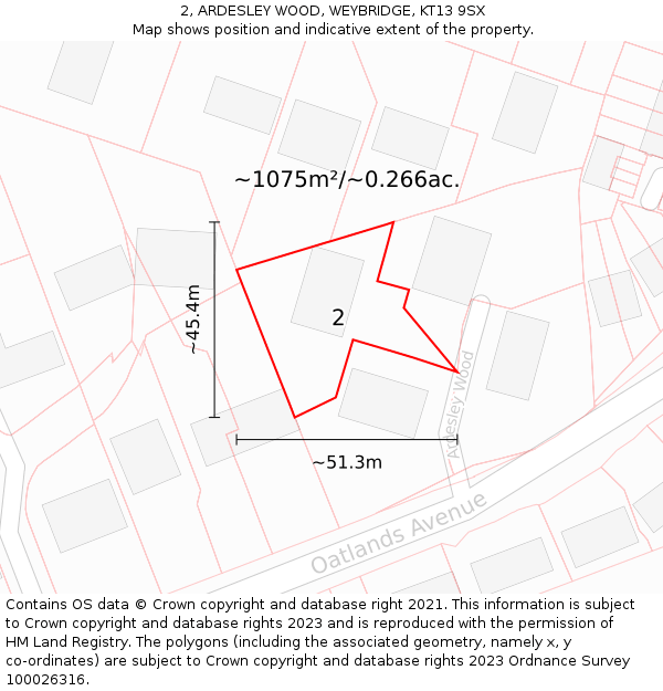 2, ARDESLEY WOOD, WEYBRIDGE, KT13 9SX: Plot and title map