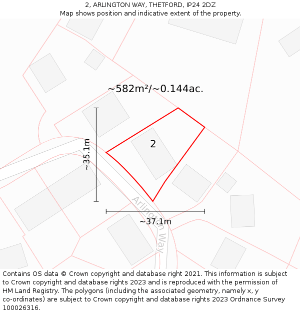 2, ARLINGTON WAY, THETFORD, IP24 2DZ: Plot and title map