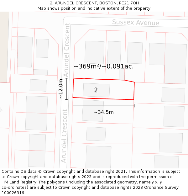 2, ARUNDEL CRESCENT, BOSTON, PE21 7QH: Plot and title map