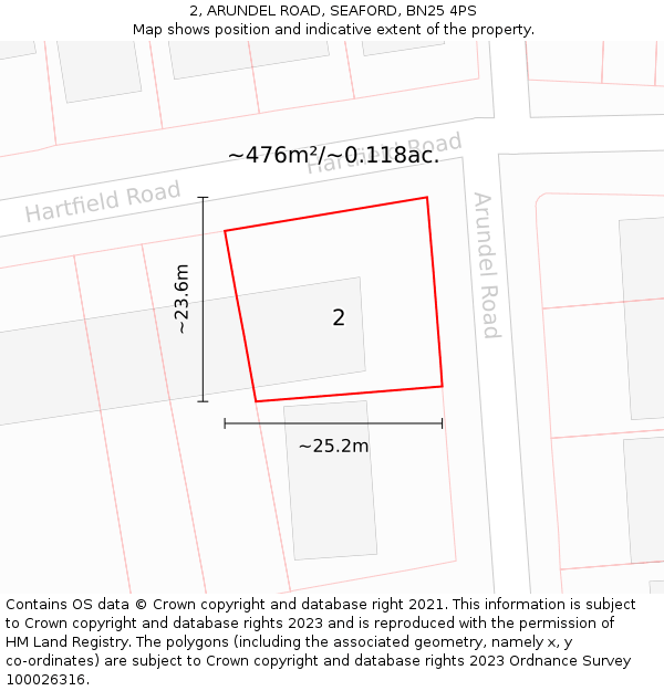 2, ARUNDEL ROAD, SEAFORD, BN25 4PS: Plot and title map