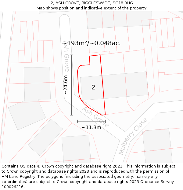 2, ASH GROVE, BIGGLESWADE, SG18 0HG: Plot and title map