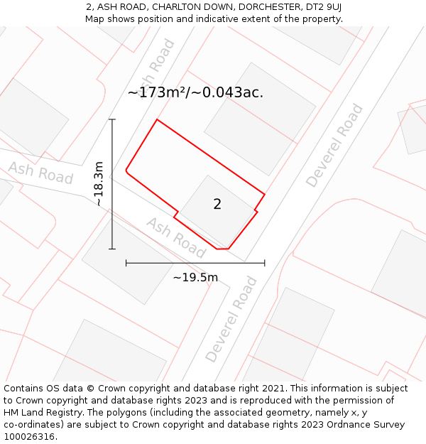 2, ASH ROAD, CHARLTON DOWN, DORCHESTER, DT2 9UJ: Plot and title map