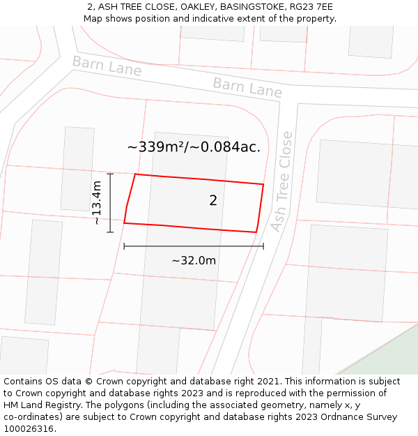 2, ASH TREE CLOSE, OAKLEY, BASINGSTOKE, RG23 7EE: Plot and title map