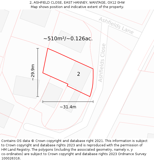 2, ASHFIELD CLOSE, EAST HANNEY, WANTAGE, OX12 0HW: Plot and title map