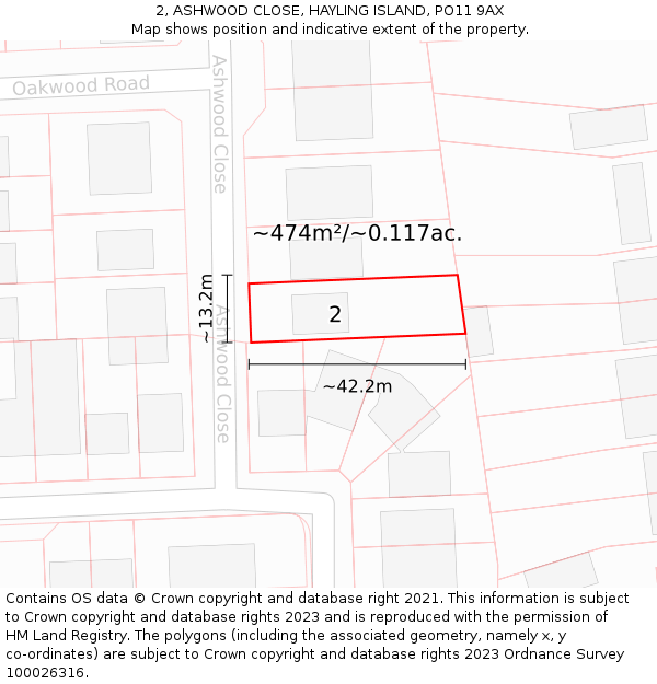 2, ASHWOOD CLOSE, HAYLING ISLAND, PO11 9AX: Plot and title map