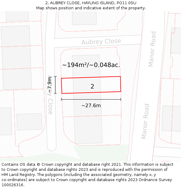 2, AUBREY CLOSE, HAYLING ISLAND, PO11 0SU: Plot and title map