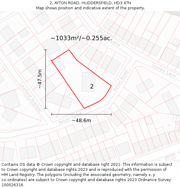 2, AYTON ROAD, HUDDERSFIELD, HD3 4TN: Plot and title map