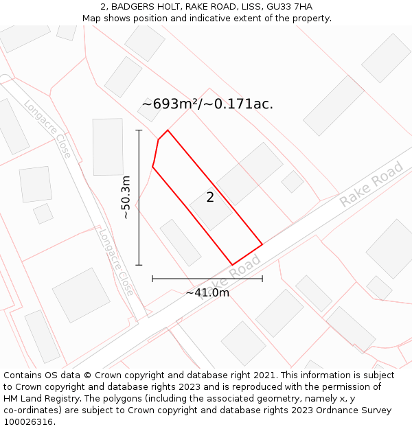 2, BADGERS HOLT, RAKE ROAD, LISS, GU33 7HA: Plot and title map