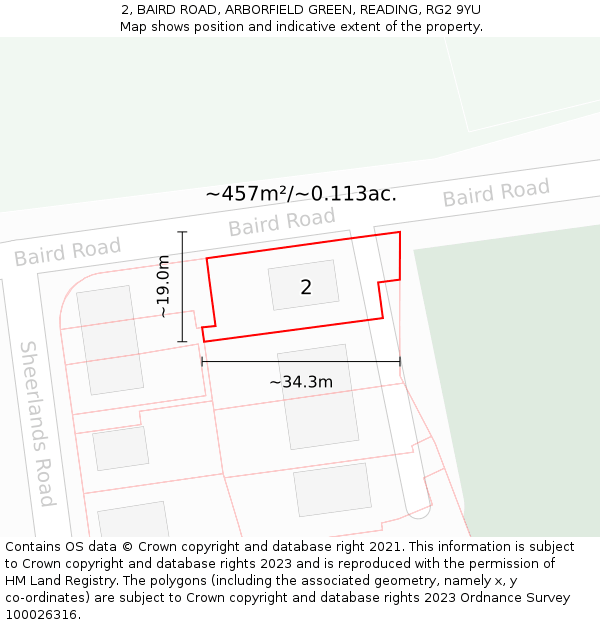 2, BAIRD ROAD, ARBORFIELD GREEN, READING, RG2 9YU: Plot and title map