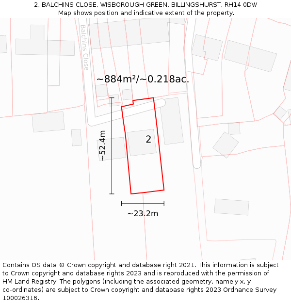 2, BALCHINS CLOSE, WISBOROUGH GREEN, BILLINGSHURST, RH14 0DW: Plot and title map