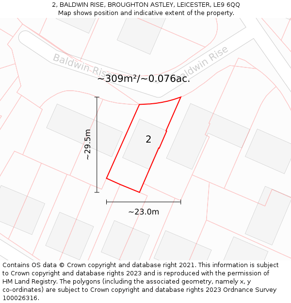 2, BALDWIN RISE, BROUGHTON ASTLEY, LEICESTER, LE9 6QQ: Plot and title map