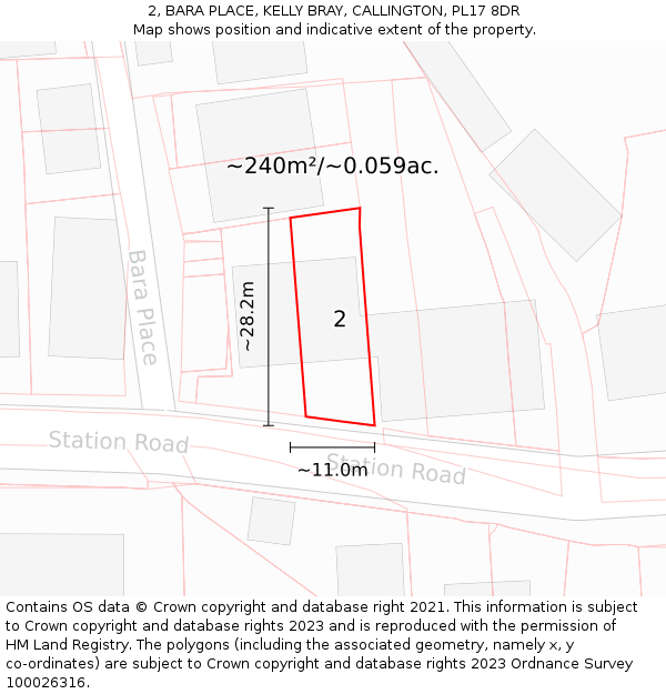 2, BARA PLACE, KELLY BRAY, CALLINGTON, PL17 8DR: Plot and title map