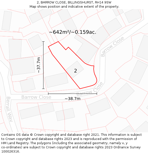 2, BARROW CLOSE, BILLINGSHURST, RH14 9SW: Plot and title map