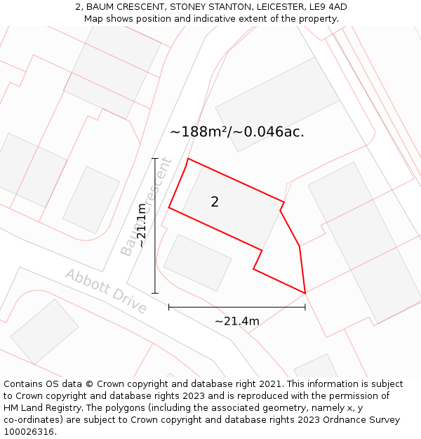 2, BAUM CRESCENT, STONEY STANTON, LEICESTER, LE9 4AD: Plot and title map