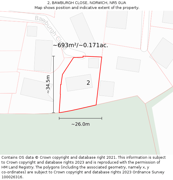 2, BAWBURGH CLOSE, NORWICH, NR5 0UA: Plot and title map