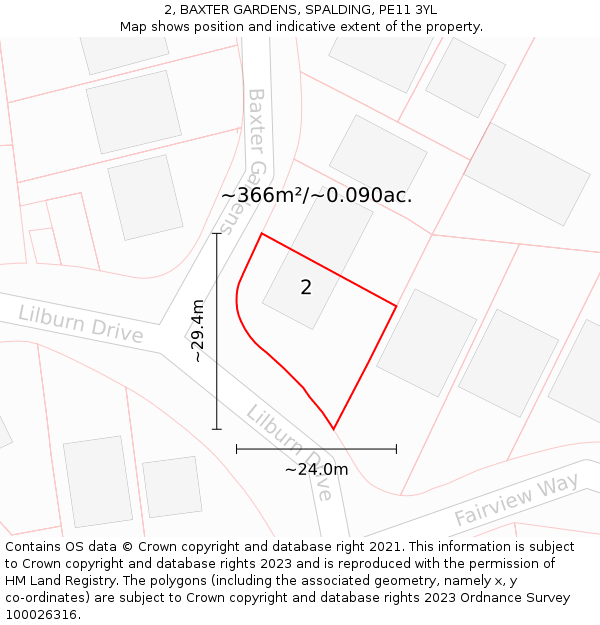 2, BAXTER GARDENS, SPALDING, PE11 3YL: Plot and title map