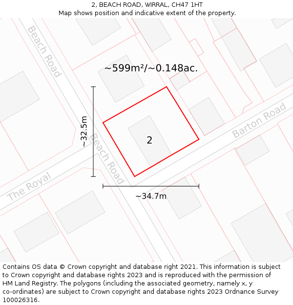 2, BEACH ROAD, WIRRAL, CH47 1HT: Plot and title map