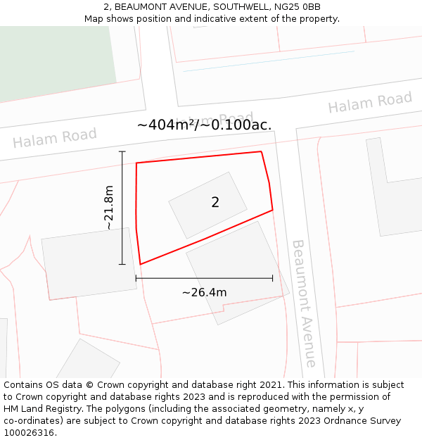 2, BEAUMONT AVENUE, SOUTHWELL, NG25 0BB: Plot and title map