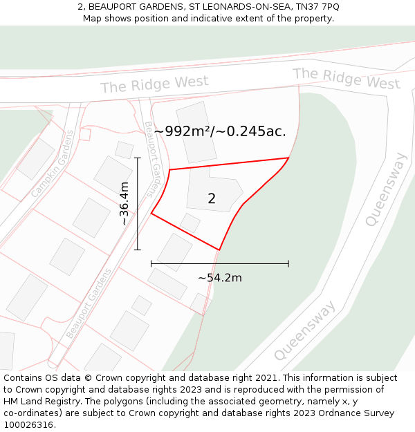 2, BEAUPORT GARDENS, ST LEONARDS-ON-SEA, TN37 7PQ: Plot and title map