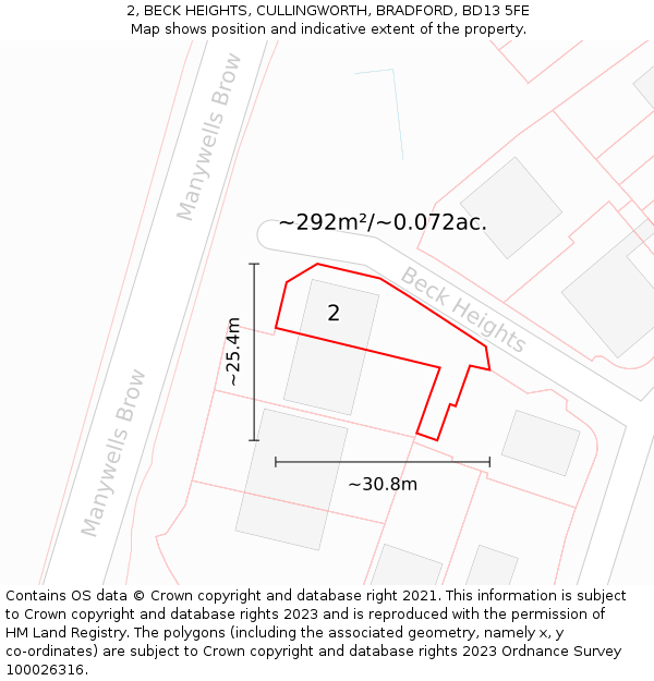 2, BECK HEIGHTS, CULLINGWORTH, BRADFORD, BD13 5FE: Plot and title map