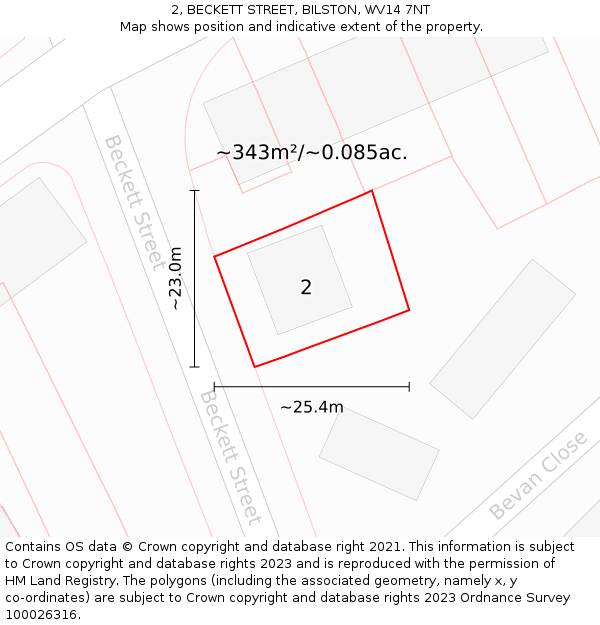 2, BECKETT STREET, BILSTON, WV14 7NT: Plot and title map