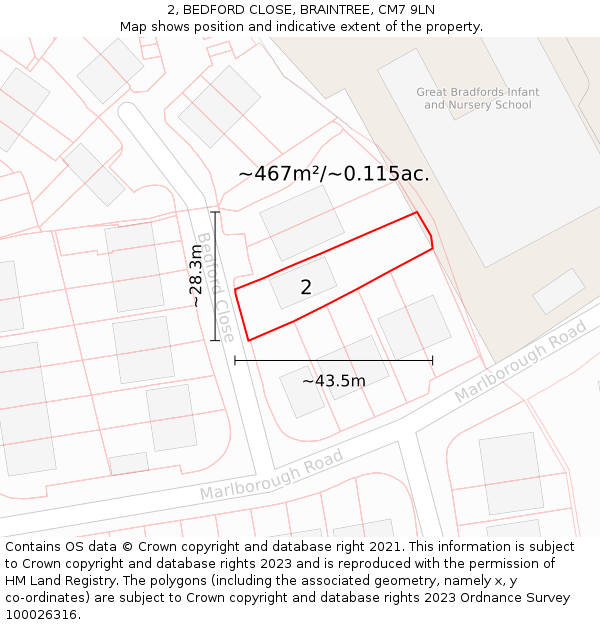 2, BEDFORD CLOSE, BRAINTREE, CM7 9LN: Plot and title map