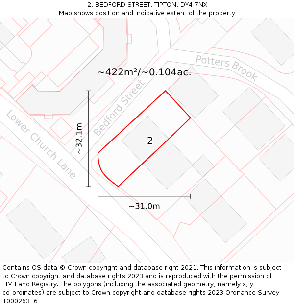 2, BEDFORD STREET, TIPTON, DY4 7NX: Plot and title map