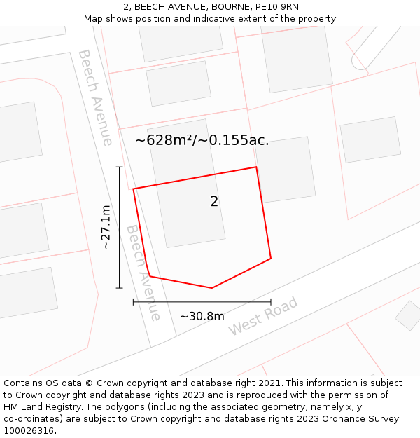 2, BEECH AVENUE, BOURNE, PE10 9RN: Plot and title map