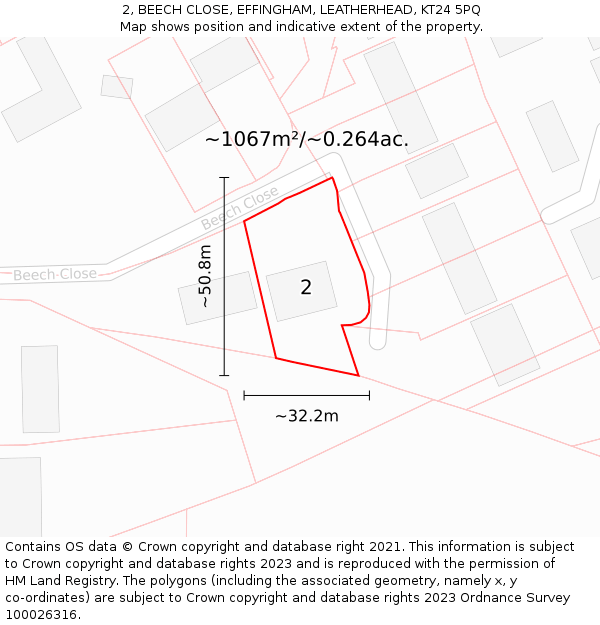 2, BEECH CLOSE, EFFINGHAM, LEATHERHEAD, KT24 5PQ: Plot and title map