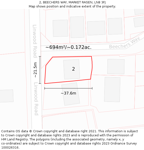 2, BEECHERS WAY, MARKET RASEN, LN8 3FJ: Plot and title map