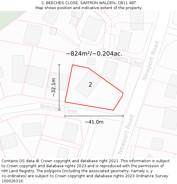 2, BEECHES CLOSE, SAFFRON WALDEN, CB11 4BT: Plot and title map