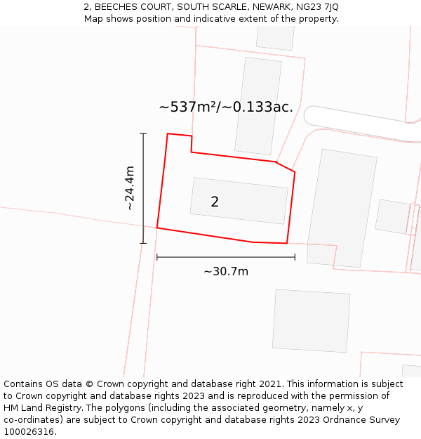 2, BEECHES COURT, SOUTH SCARLE, NEWARK, NG23 7JQ: Plot and title map