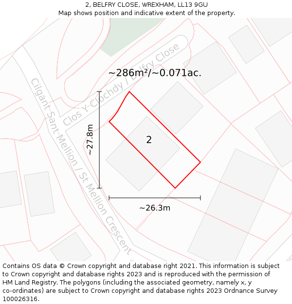 2, BELFRY CLOSE, WREXHAM, LL13 9GU: Plot and title map