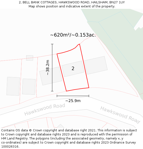 2, BELL BANK COTTAGES, HAWKSWOOD ROAD, HAILSHAM, BN27 1UY: Plot and title map