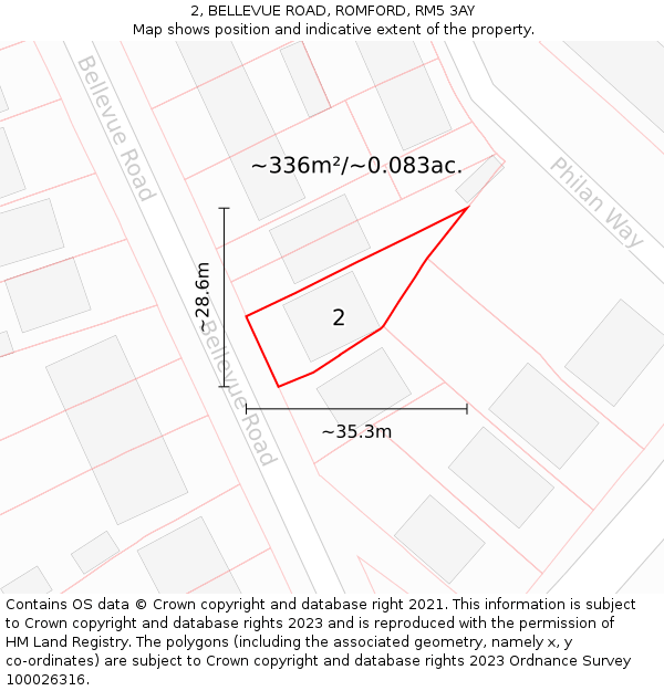 2, BELLEVUE ROAD, ROMFORD, RM5 3AY: Plot and title map