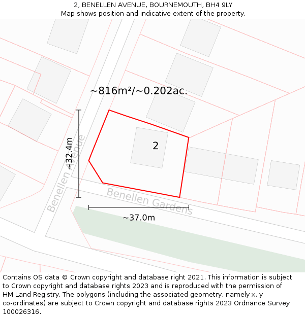2, BENELLEN AVENUE, BOURNEMOUTH, BH4 9LY: Plot and title map