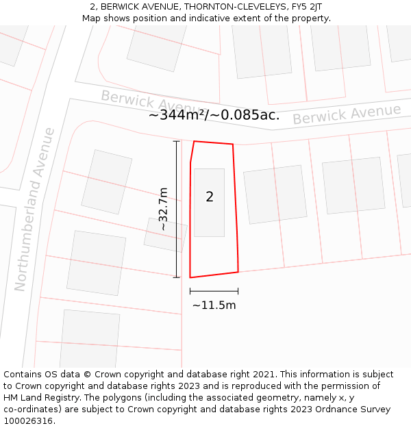 2, BERWICK AVENUE, THORNTON-CLEVELEYS, FY5 2JT: Plot and title map