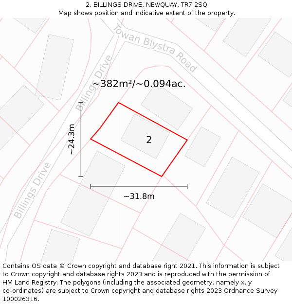 2, BILLINGS DRIVE, NEWQUAY, TR7 2SQ: Plot and title map