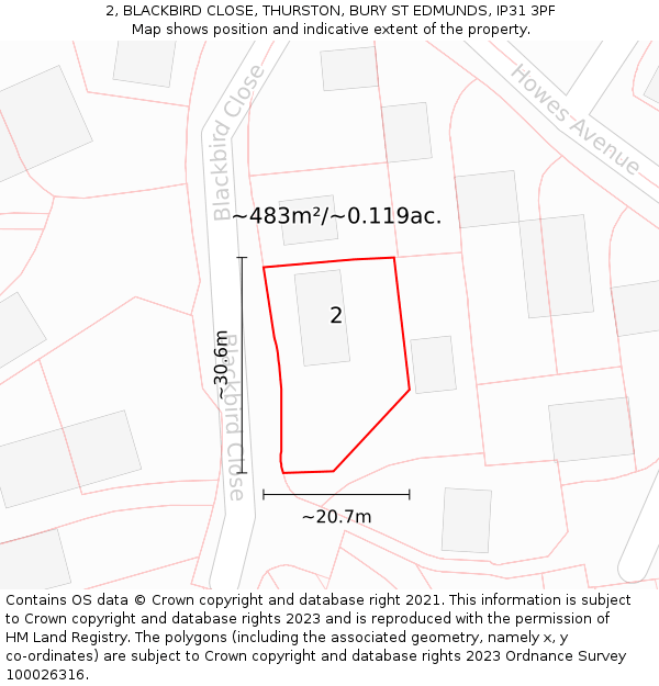 2, BLACKBIRD CLOSE, THURSTON, BURY ST EDMUNDS, IP31 3PF: Plot and title map