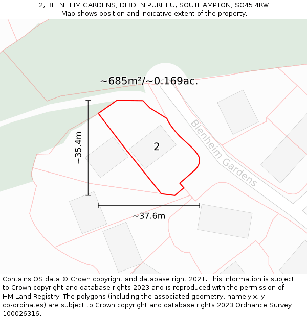 2, BLENHEIM GARDENS, DIBDEN PURLIEU, SOUTHAMPTON, SO45 4RW: Plot and title map