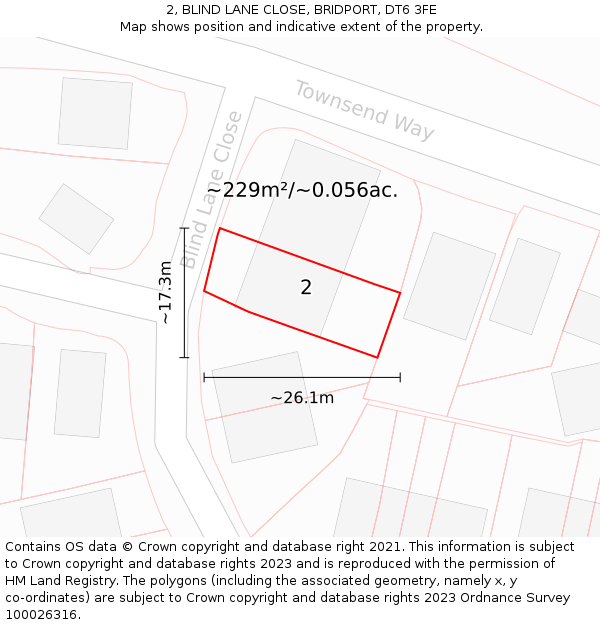 2, BLIND LANE CLOSE, BRIDPORT, DT6 3FE: Plot and title map