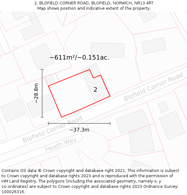 2, BLOFIELD CORNER ROAD, BLOFIELD, NORWICH, NR13 4RT: Plot and title map