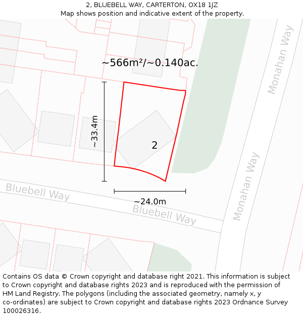 2, BLUEBELL WAY, CARTERTON, OX18 1JZ: Plot and title map