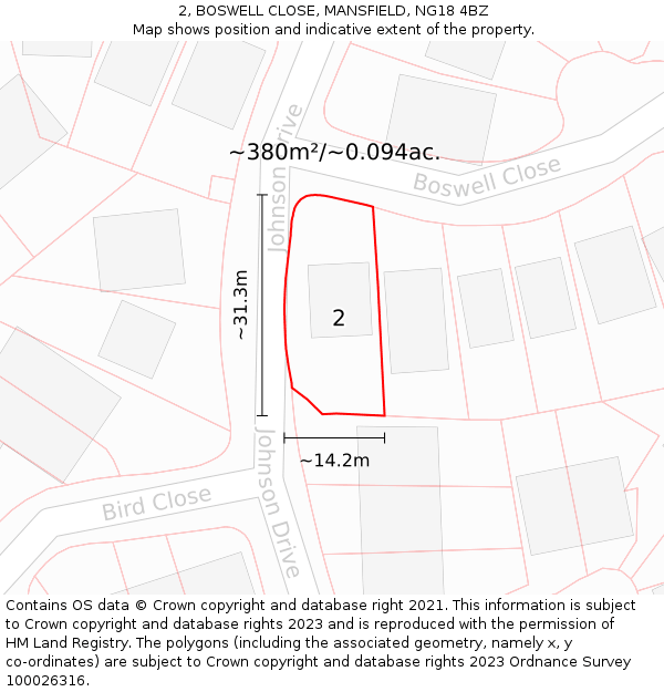 2, BOSWELL CLOSE, MANSFIELD, NG18 4BZ: Plot and title map