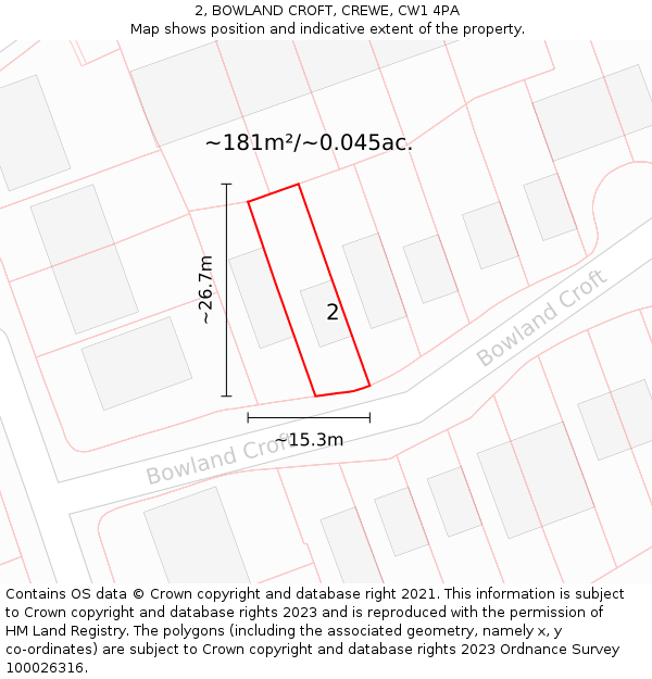 2, BOWLAND CROFT, CREWE, CW1 4PA: Plot and title map