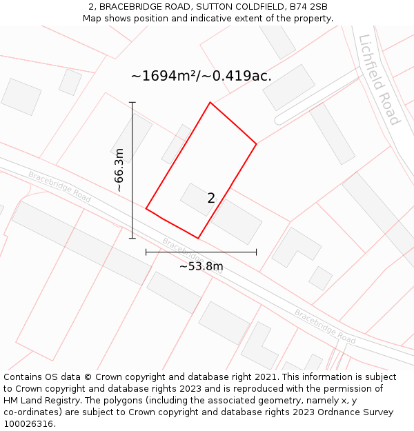 2, BRACEBRIDGE ROAD, SUTTON COLDFIELD, B74 2SB: Plot and title map