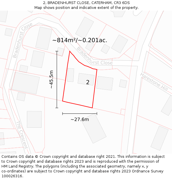 2, BRADENHURST CLOSE, CATERHAM, CR3 6DS: Plot and title map